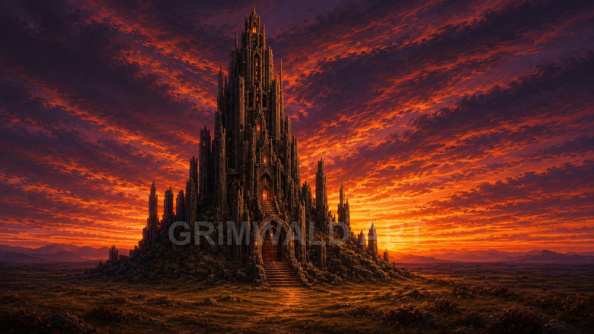 Tall gothic castle with glowing windows rises from a rocky mound under a fiery orange sunset sky, surrounded by open plain and distant mountains.