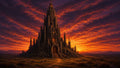 GRID THUMBNAIL — Tall gothic castle with glowing windows rises from a rocky mound under a fiery orange sunset sky, surrounded by open plain and distant mountains.
