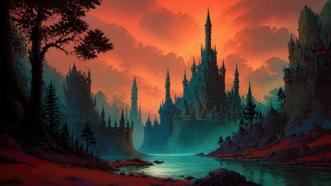 GRID THUMBNAIL — Vast gothic castle city with countless spires beside a winding river under a fiery sunset sky, framed by dark trees and rocky banks.