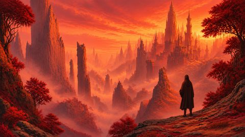GRID THUMBNAIL — Cloaked figure overlooks a mist-filled valley of jagged rock spires and a vast spired city under a fiery red-orange sunset.