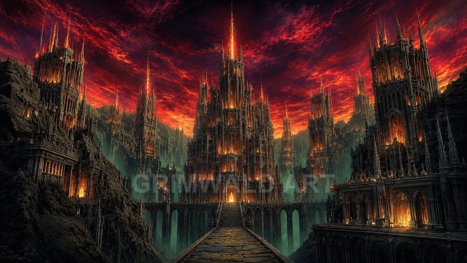 A vast gothic citadel with blazing windows and towering spires rises from dark cliffs and bridges beneath a red, storm-torn sunset sky.