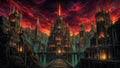 GRID THUMBNAIL — A vast gothic citadel with blazing windows and towering spires rises from dark cliffs and bridges beneath a red, storm-torn sunset sky.