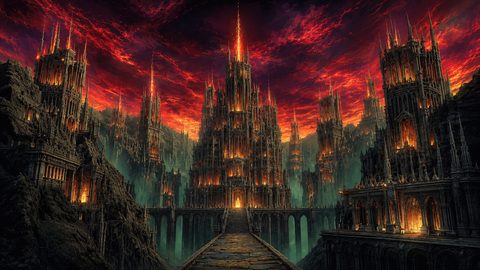 GRID THUMBNAIL — A vast gothic citadel with blazing windows and towering spires rises from dark cliffs and bridges beneath a red, storm-torn sunset sky.