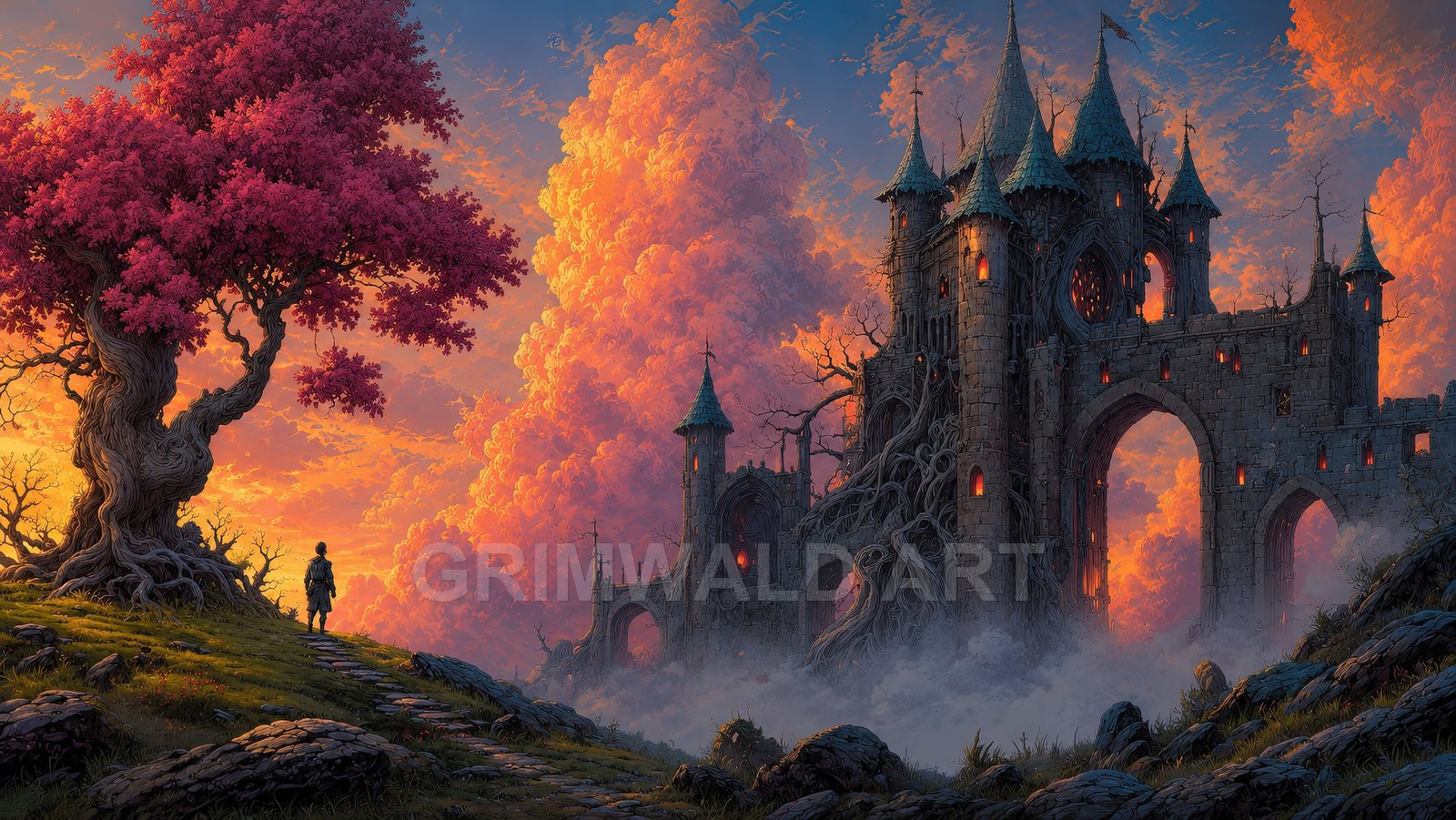 Gothic stone castle overgrown with colossal roots rises from mist at sunset, opposite a hill crowned by a vivid pink tree and a lone traveller.