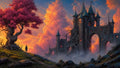 GRID THUMBNAIL — Gothic stone castle overgrown with colossal roots rises from mist at sunset, opposite a hill crowned by a vivid pink tree and a lone traveller.