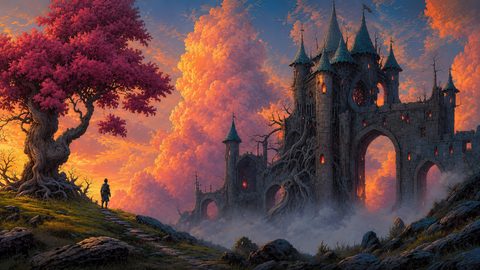 GRID THUMBNAIL — Gothic stone castle overgrown with colossal roots rises from mist at sunset, opposite a hill crowned by a vivid pink tree and a lone traveller.