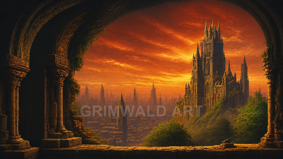 Through a crumbling stone arch, a vast gothic city spreads beneath a blazing sunset, dominated by a grand cathedral-castle on a green hill.