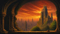 GRID THUMBNAIL — Through a crumbling stone arch, a vast gothic city spreads beneath a blazing sunset, dominated by a grand cathedral-castle on a green hill.