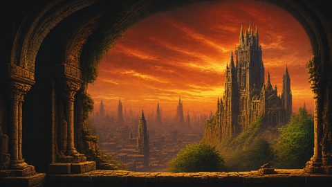 GRID THUMBNAIL — Through a crumbling stone arch, a vast gothic city spreads beneath a blazing sunset, dominated by a grand cathedral-castle on a green hill.