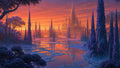 GRID THUMBNAIL — Vivid fantasy marsh at sunset with reflective pools, purple foliage, towering twisted spires, and an ornate many-spired castle glowing on the horizon.
