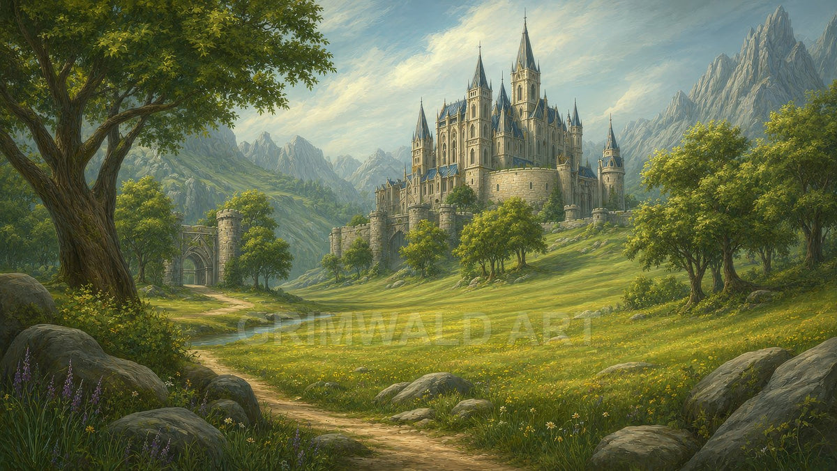 Grand stone castle with tall spires overlooks a sunlit green valley, winding path and stream, framed by trees and distant jagged mountains.