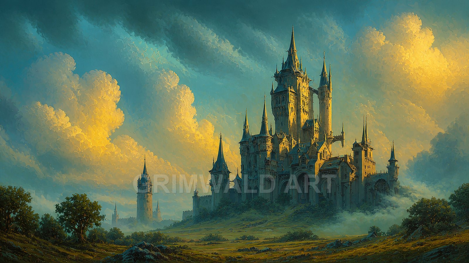Grand fantasy castle with soaring spires rises above misty meadows, sunlit by golden hour beneath towering clouds and a teal-blue sky.