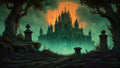 GRID THUMBNAIL — A vast gothic castle rises from teal mist beneath a huge orange moon, framed by gnarled trees, stone plinths, and distant bats.