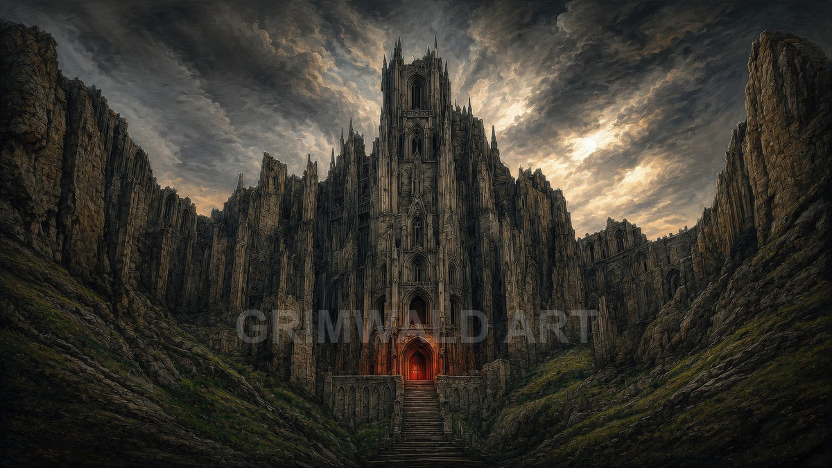 Vast gothic castle carved into dark mountain cliffs beneath stormy twilight skies, steep stone steps leading upward to a central red-glowing doorway.