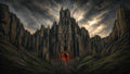 GRID THUMBNAIL — Vast gothic castle carved into dark mountain cliffs beneath stormy twilight skies, steep stone steps leading upward to a central red-glowing doorway.