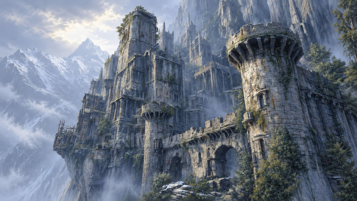 Vast stone fortress clinging to misty mountain cliffs, ivy-clad towers and arched bridge, with snowy peaks and soft daylight breaking through clouds.