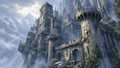 GRID THUMBNAIL — Vast stone fortress clinging to misty mountain cliffs, ivy-clad towers and arched bridge, with snowy peaks and soft daylight breaking through clouds.