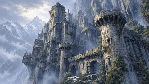 GRID THUMBNAIL — Vast stone fortress clinging to misty mountain cliffs, ivy-clad towers and arched bridge, with snowy peaks and soft daylight breaking through clouds.