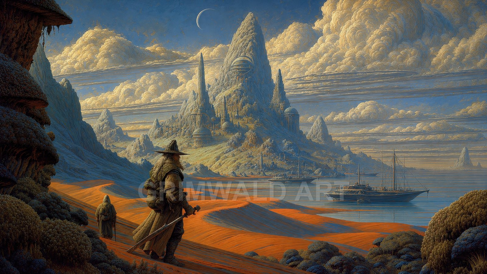 Vast fantasy coastline with a towering mountain city under swirling clouds and a crescent moon, orange sand dunes, two cloaked travellers, and moored sailing ships.