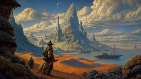 GRID THUMBNAIL — Vast fantasy coastline with a towering mountain city under swirling clouds and a crescent moon, orange sand dunes, two cloaked travellers, and moored sailing ships.