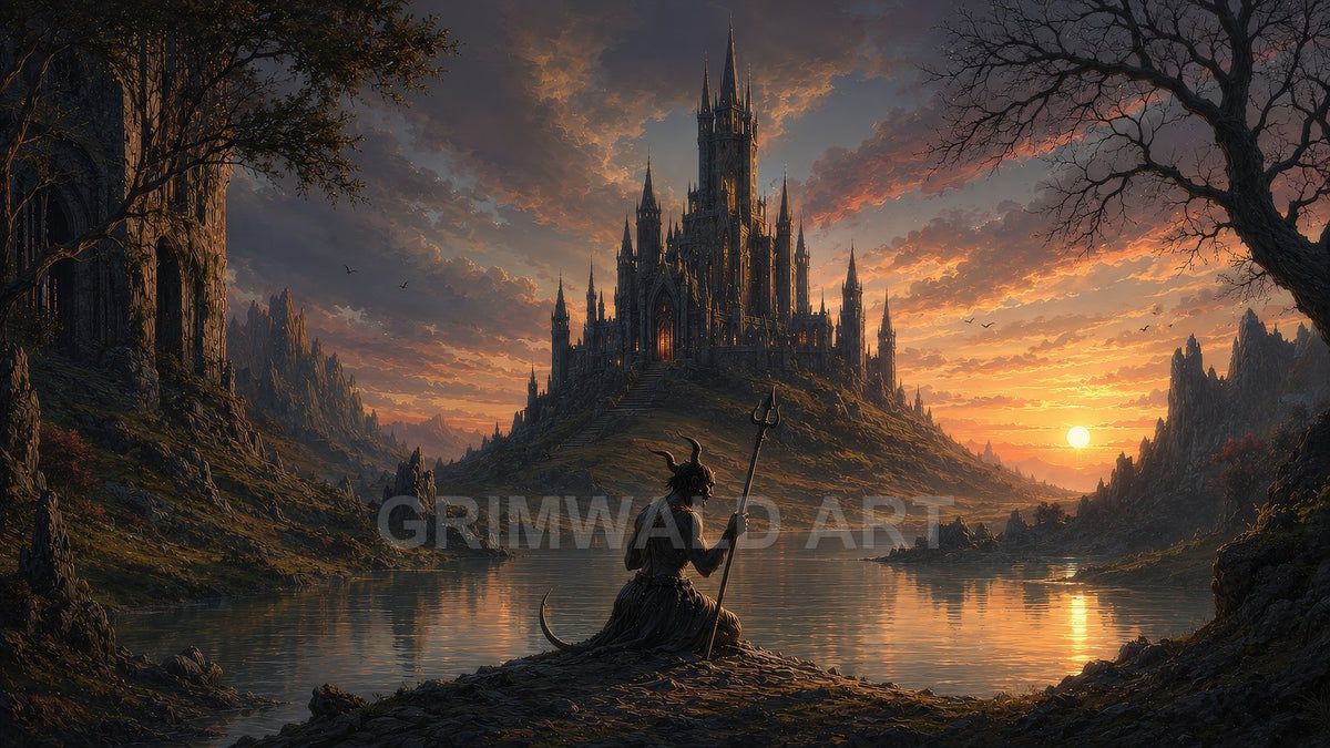 Gothic spired castle on an island at sunset, reflected in a still lake, with a horned silhouette holding a staff in the foreground.