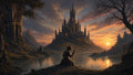 GRID THUMBNAIL — Gothic spired castle on an island at sunset, reflected in a still lake, with a horned silhouette holding a staff in the foreground.
