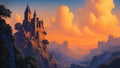 GRID THUMBNAIL — Sunlit stone castle perched on a steep mountain cliff, overlooking layered valleys and distant fortresses beneath towering orange clouds at sunset.