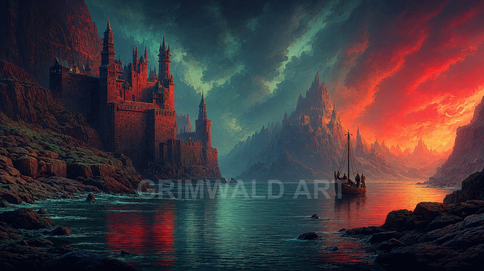 Red stone castle rises on a rocky coast beside a calm fjord, distant spired fortress and longboat beneath dramatic teal and orange sunset clouds.