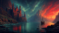 GRID THUMBNAIL — Red stone castle rises on a rocky coast beside a calm fjord, distant spired fortress and longboat beneath dramatic teal and orange sunset clouds.