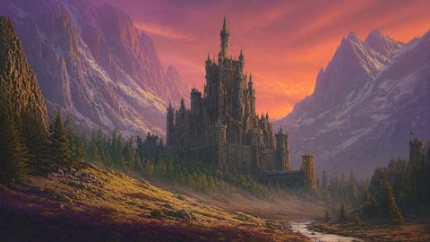 GRID THUMBNAIL — Grand stone castle in a pine valley beneath jagged mountains at sunset, orange sky glowing above a winding river and misty forest.