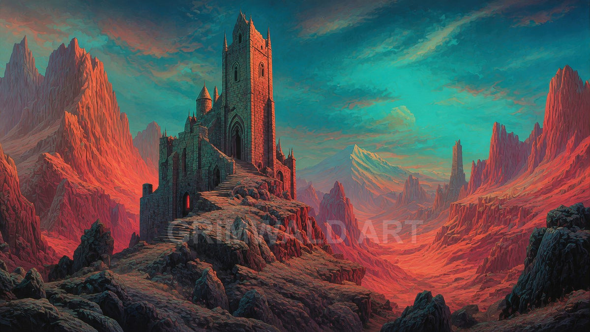 Stone fortress atop rocky steps in a red mountain valley beneath a vivid teal sky, dramatic light casting long shadows across jagged spires.