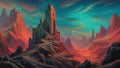 GRID THUMBNAIL — Stone fortress atop rocky steps in a red mountain valley beneath a vivid teal sky, dramatic light casting long shadows across jagged spires.