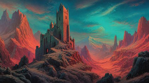 GRID THUMBNAIL — Stone fortress atop rocky steps in a red mountain valley beneath a vivid teal sky, dramatic light casting long shadows across jagged spires.