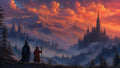 GRID THUMBNAIL — Two robed figures overlook a vast spired castle and misty pine valley beneath flaming sunset clouds and rugged snow-capped mountains.
