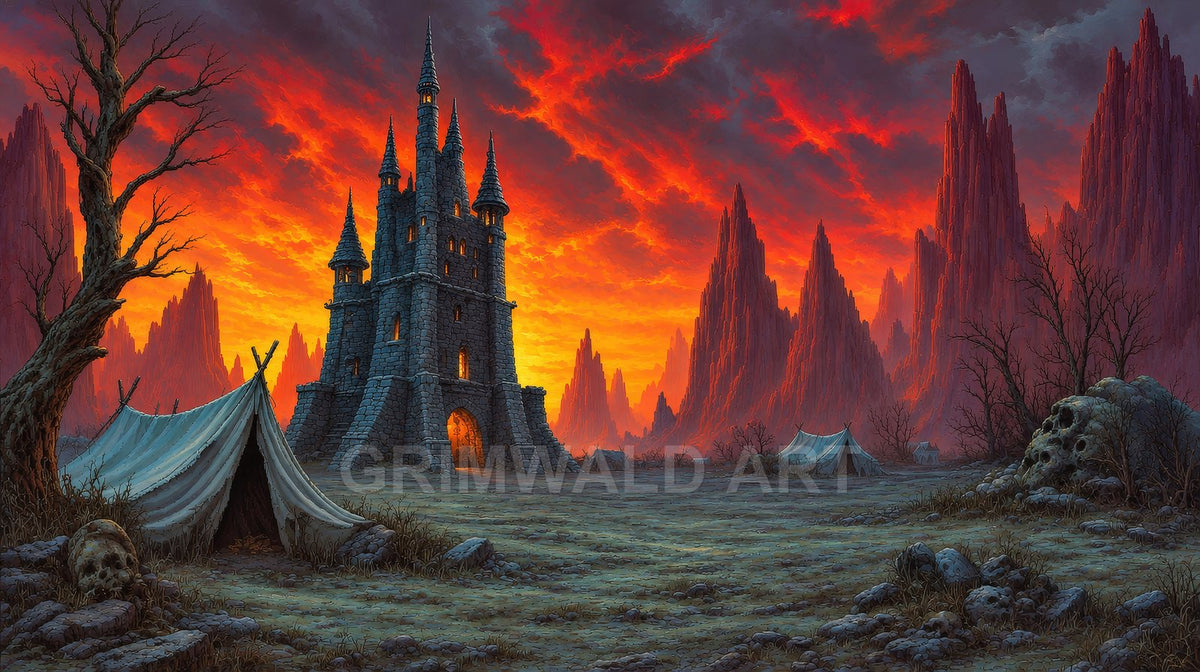 Stone castle with glowing windows rises in a barren valley of jagged mountains at fiery sunset, amid tents, twisted trees, rocks and skulls.