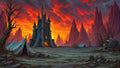 GRID THUMBNAIL — Stone castle with glowing windows rises in a barren valley of jagged mountains at fiery sunset, amid tents, twisted trees, rocks and skulls.