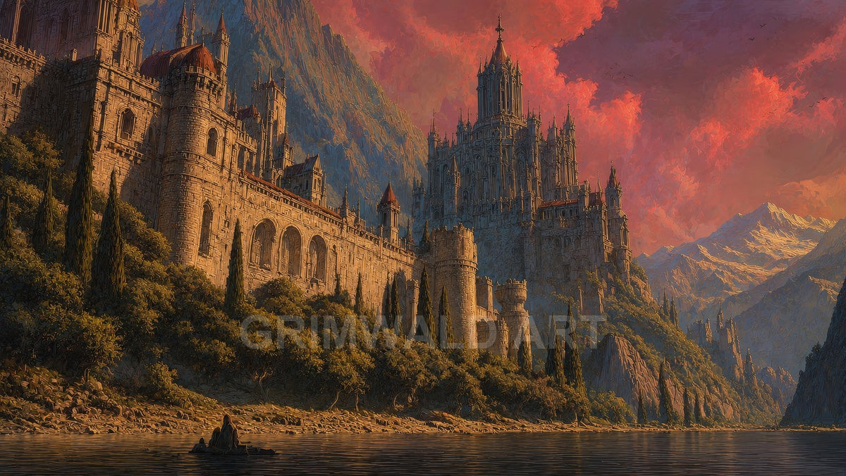 A vast stone castle with towers overlooks a calm lake and cypress-clad slopes, mountains beyond, under vivid orange-pink sunset clouds.
