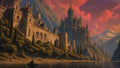 GRID THUMBNAIL — A vast stone castle with towers overlooks a calm lake and cypress-clad slopes, mountains beyond, under vivid orange-pink sunset clouds.