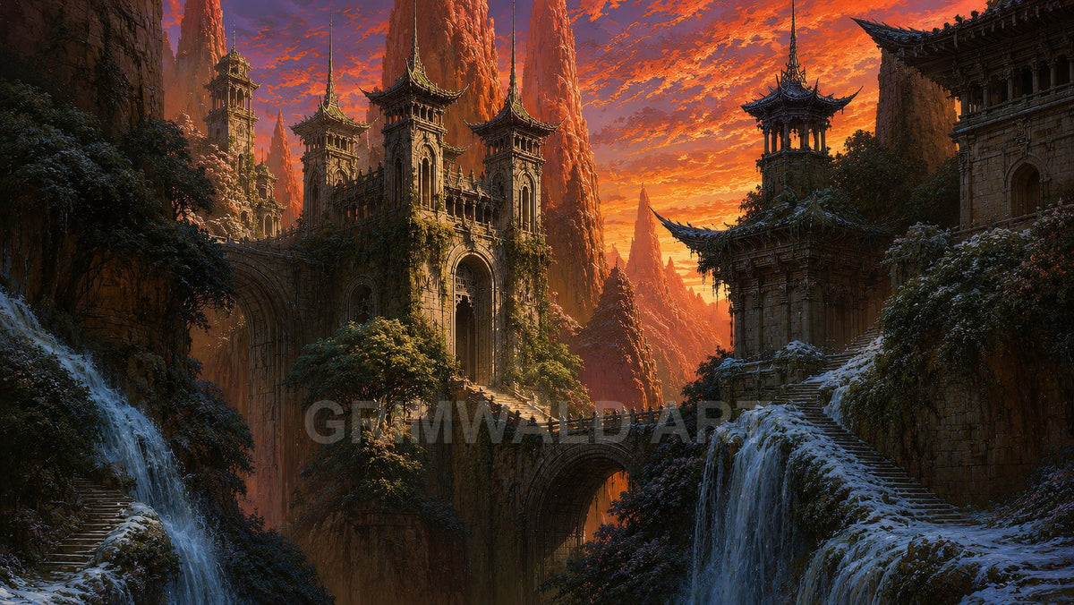 Ancient mountain castle with pagoda roofs spans a gorge by arched bridges and cascading waterfalls under a blazing orange sunset sky, framed by jagged peaks.