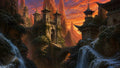 GRID THUMBNAIL — Ancient mountain castle with pagoda roofs spans a gorge by arched bridges and cascading waterfalls under a blazing orange sunset sky, framed by jagged peaks.
