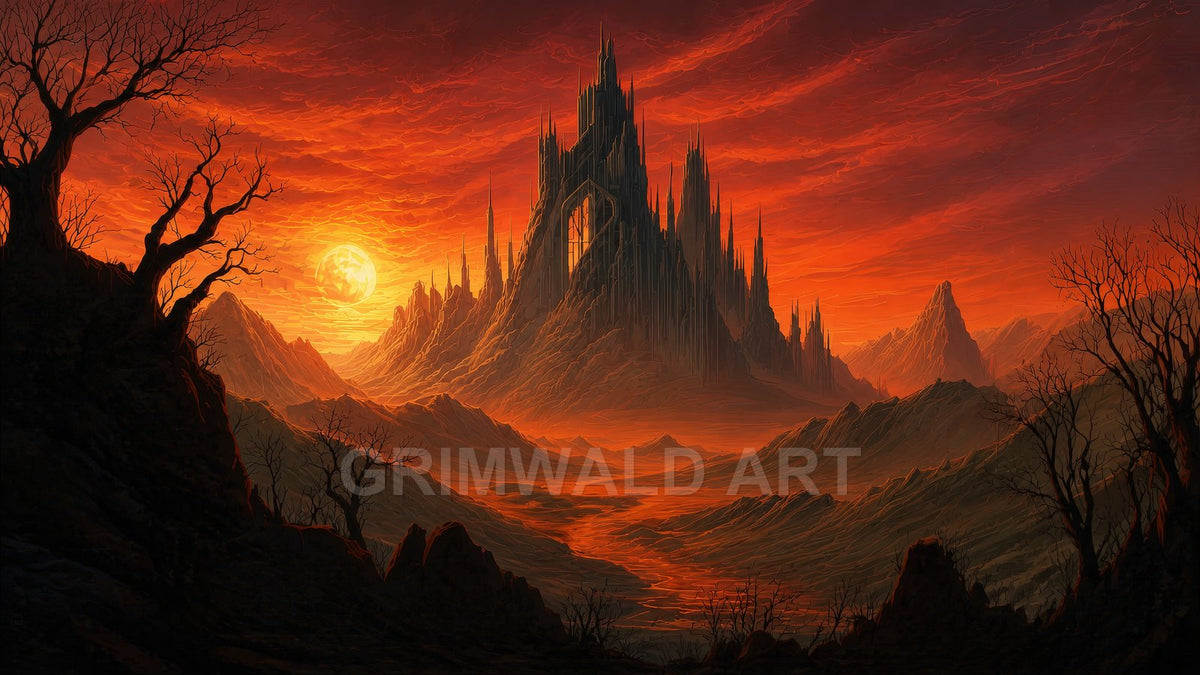 Dark spired castle rises amid jagged mountains under a blazing orange sunset, barren trees and glowing rivers winding through a desolate valley.
