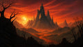 GRID THUMBNAIL — Dark spired castle rises amid jagged mountains under a blazing orange sunset, barren trees and glowing rivers winding through a desolate valley.