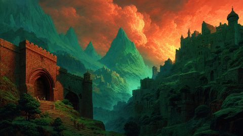 GRID THUMBNAIL — Vast stone citadel climbs rugged green mountains beneath blazing orange sunset clouds, with a towering gate, terraces, and distant fortifications across a deep valley.