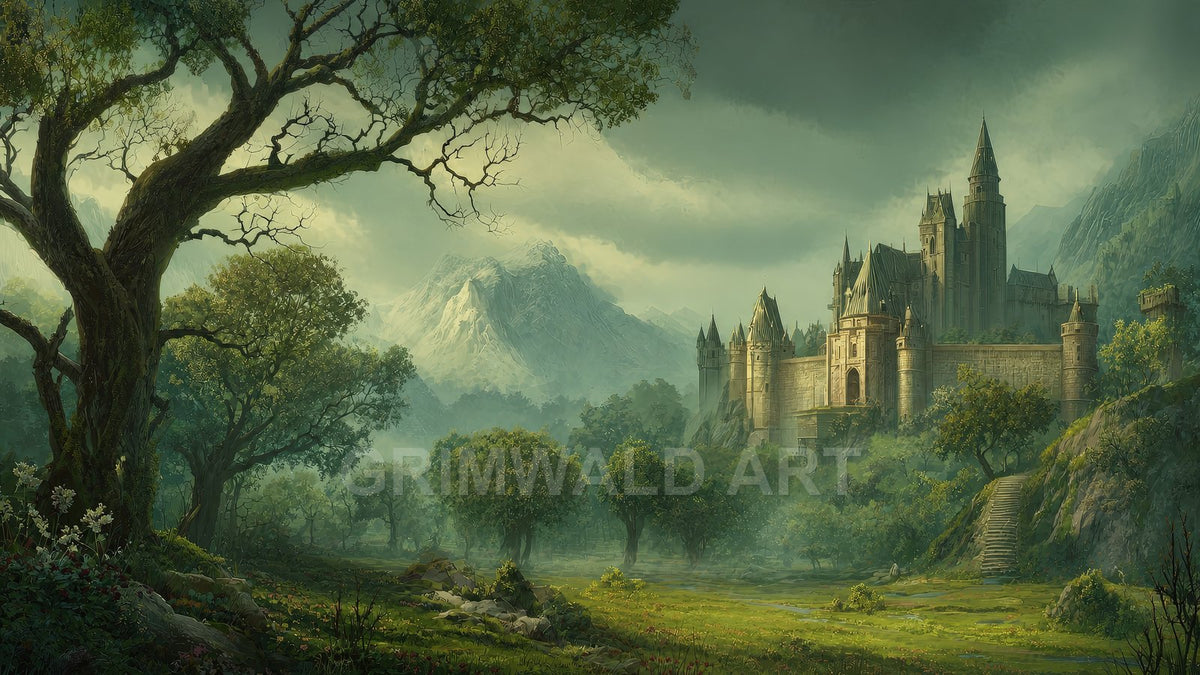 Grand stone castle with spires overlooks a misty green valley, framed by an ancient tree, mountains beyond, and soft daylight filtering through clouds.