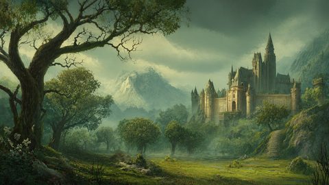 GRID THUMBNAIL — Grand stone castle with spires overlooks a misty green valley, framed by an ancient tree, mountains beyond, and soft daylight filtering through clouds.