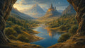 GRID THUMBNAIL — Fantasy valley with winding river, glowing hilltop castle, snowy mountains and cypress trees at golden hour, crescent moon overhead, framed by rocky cave.