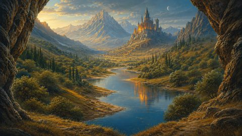 GRID THUMBNAIL — Fantasy valley with winding river, glowing hilltop castle, snowy mountains and cypress trees at golden hour, crescent moon overhead, framed by rocky cave.
