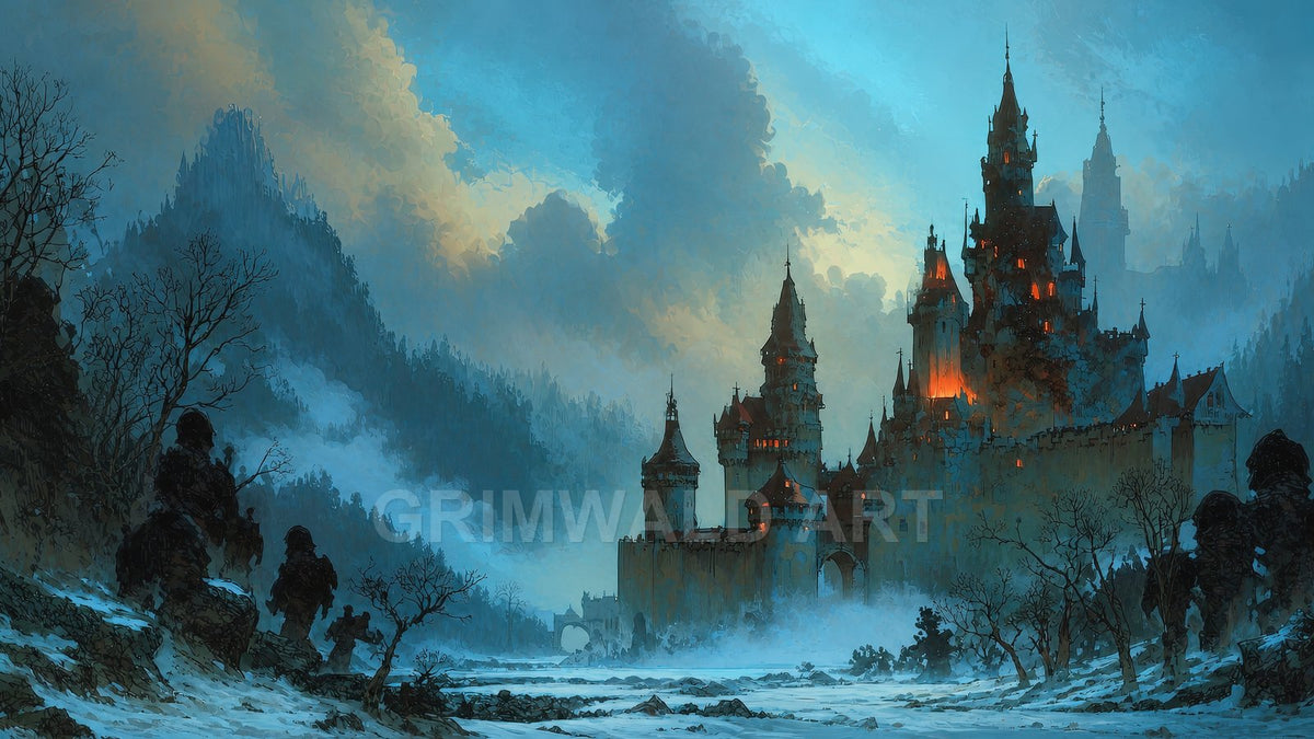 Torchlit gothic castle rises over a snowy valley with mist and leafless trees, set against blue twilight mountains and cloud-streaked sky.