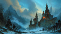 GRID THUMBNAIL — Torchlit gothic castle rises over a snowy valley with mist and leafless trees, set against blue twilight mountains and cloud-streaked sky.