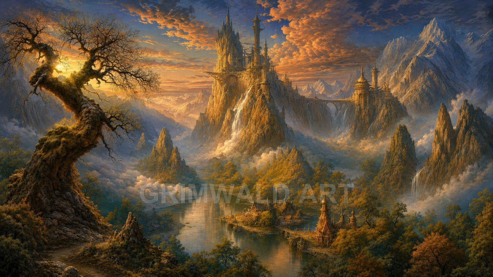 Golden-hour fantasy landscape with a towering mountain castle, arched skybridge, cascading waterfalls and a river village beneath dramatic clouds and a gnarled foreground tree.